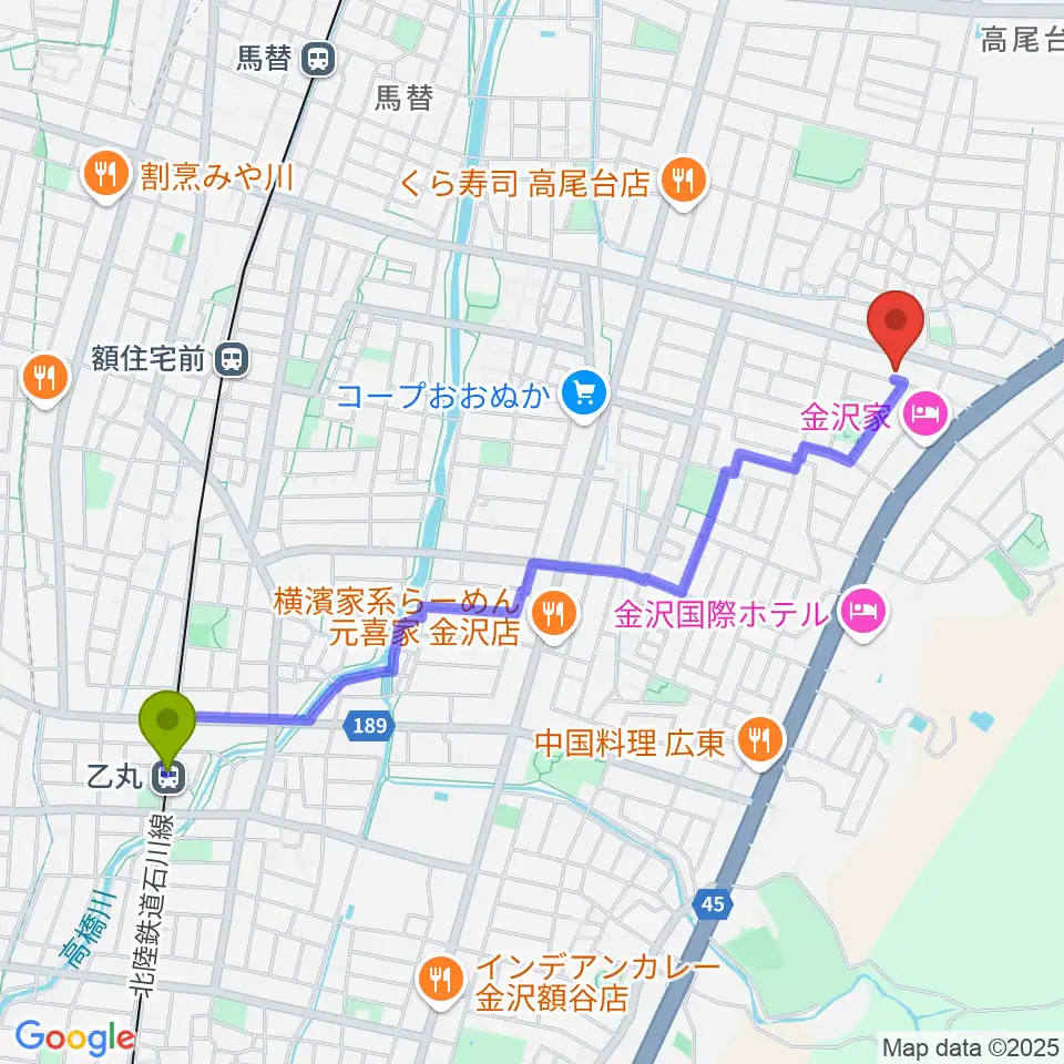 乙丸駅から北村 箏・三弦教室へのルートマップ地図