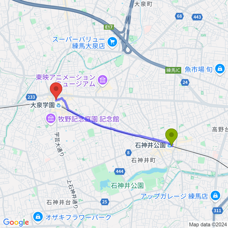 石神井公園駅から大泉学園アミズ・バーへのルートマップ地図