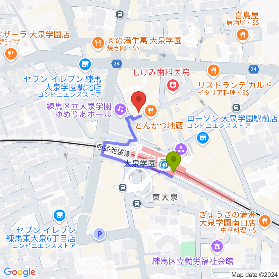 大泉学園アミズ・バーの最寄駅大泉学園駅からの徒歩ルート（約2分）地図