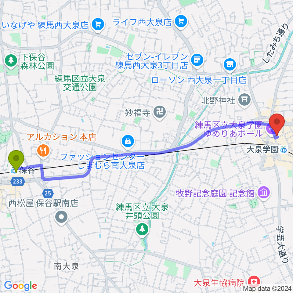 保谷駅から大泉学園アミズ・バーへのルートマップ地図