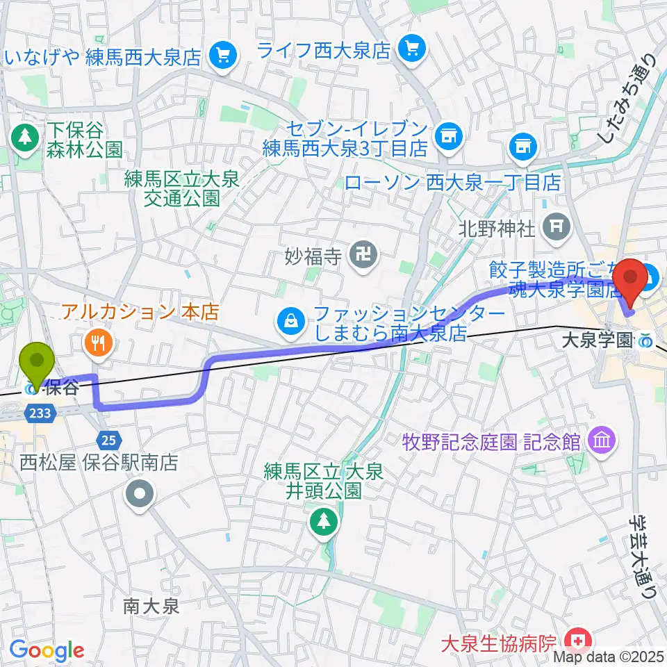 保谷駅から大泉学園アミズ・バーへのルートマップ地図