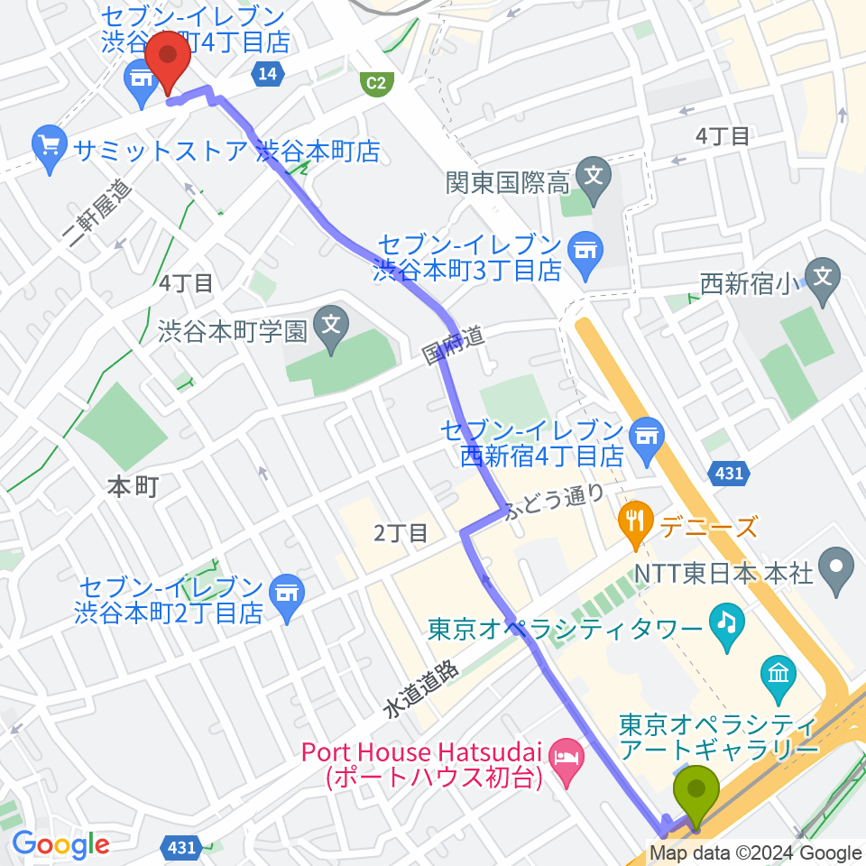 初台駅から西新宿TOGI BARへのルートマップ地図