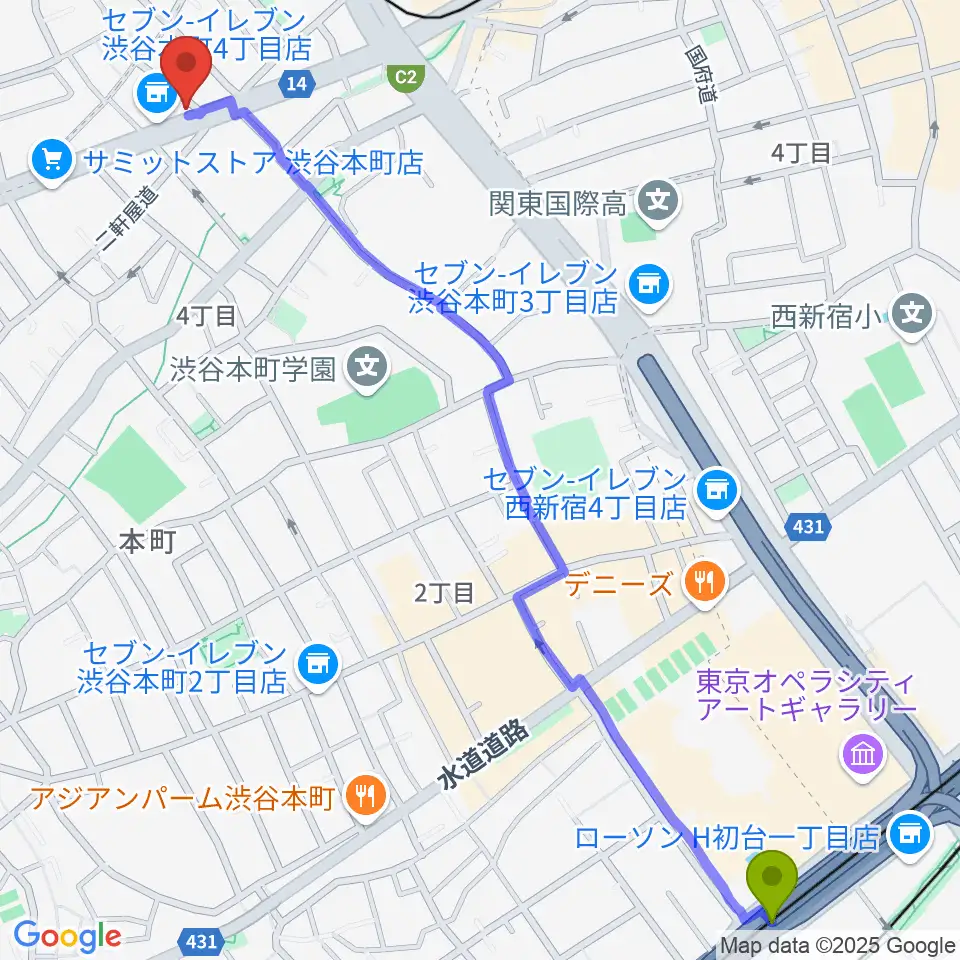 初台駅から西新宿TOGI BARへのルートマップ地図
