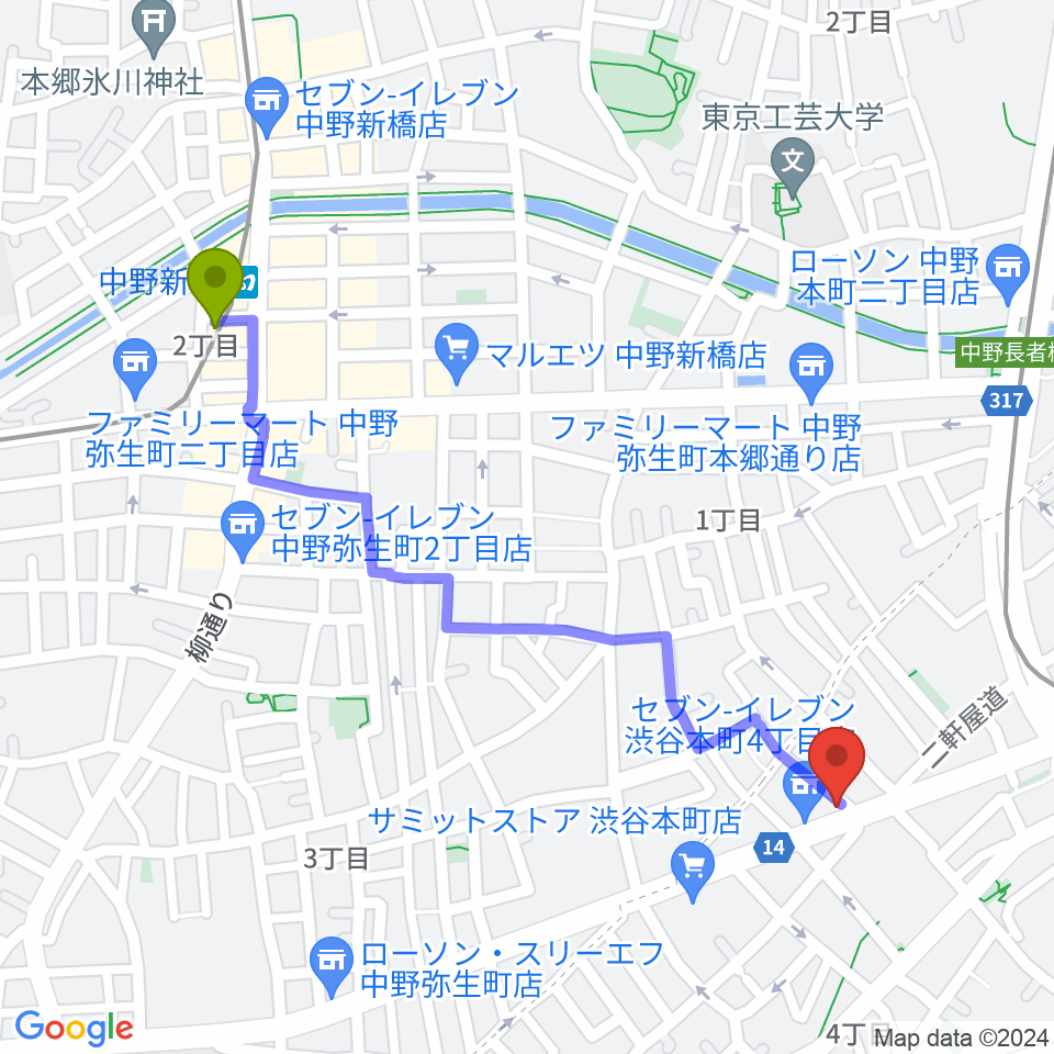 中野新橋駅から西新宿TOGI BARへのルートマップ地図