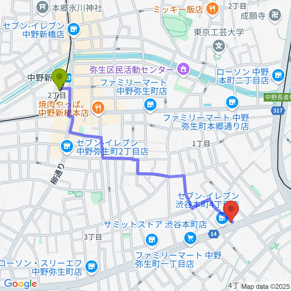 中野新橋駅から西新宿TOGI BARへのルートマップ地図