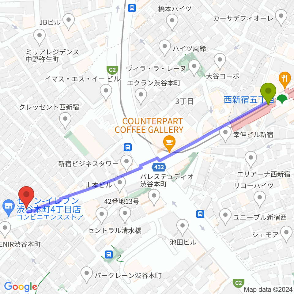 西新宿TOGI BARの最寄駅西新宿五丁目駅からの徒歩ルート（約7分）地図