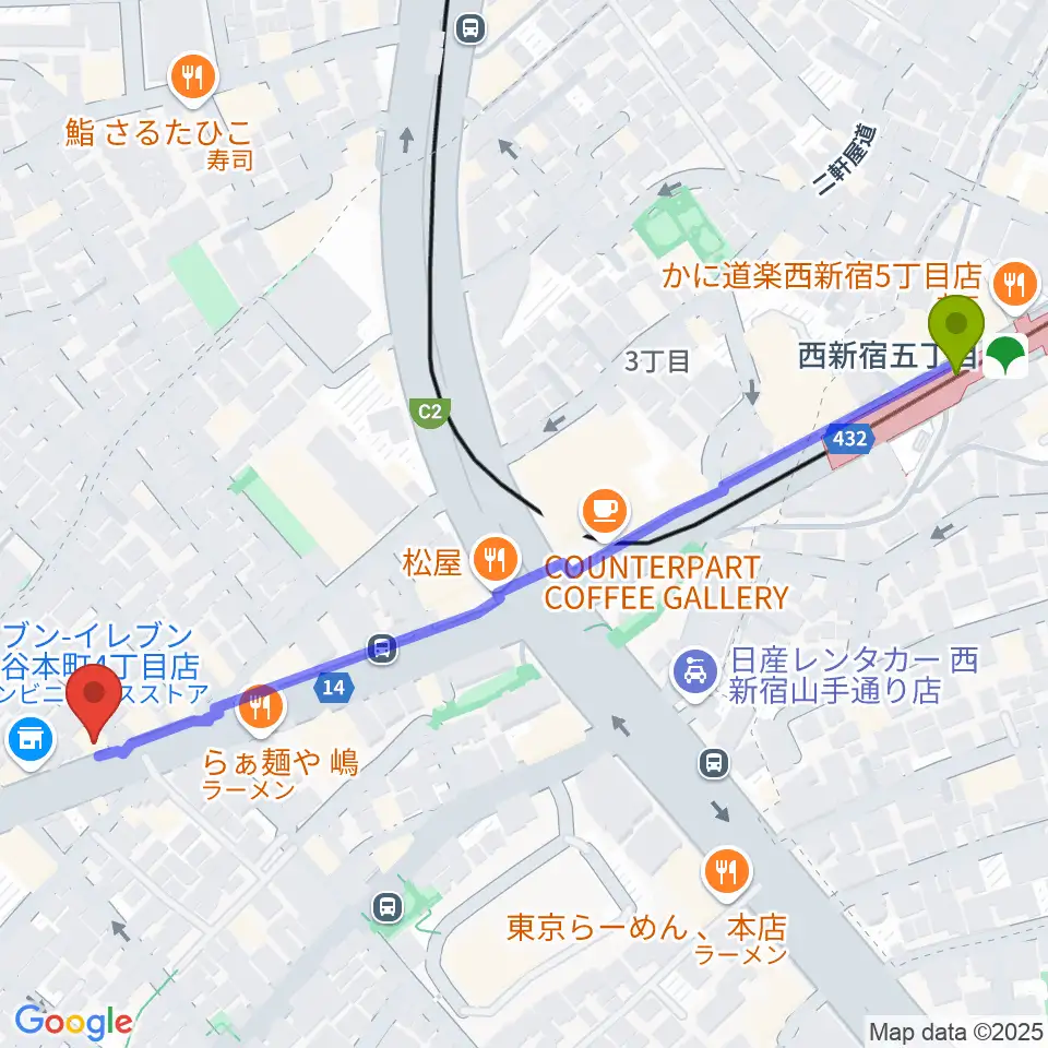 西新宿TOGI BARの最寄駅西新宿五丁目駅からの徒歩ルート（約7分）地図