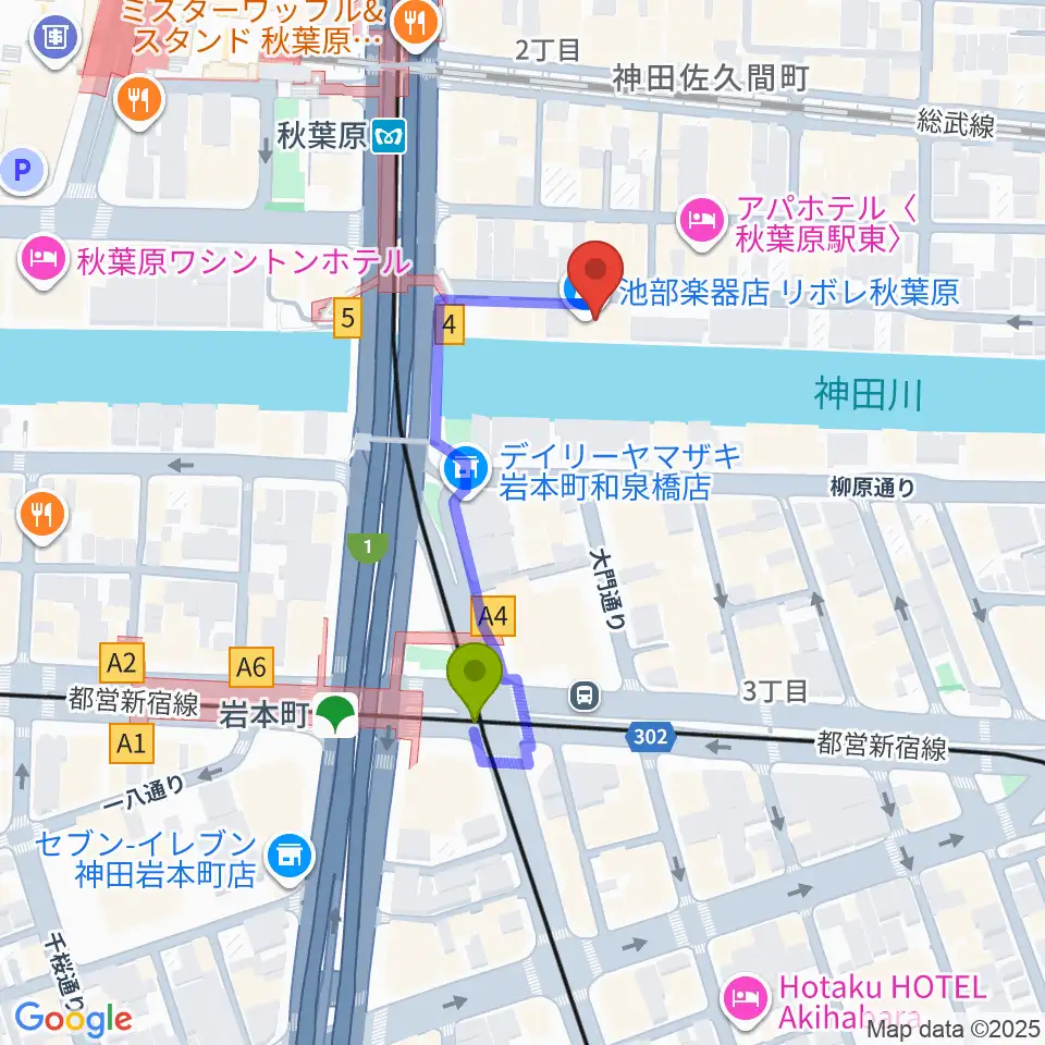 CLUB GOODMANの最寄駅岩本町駅からの徒歩ルート（約3分）地図