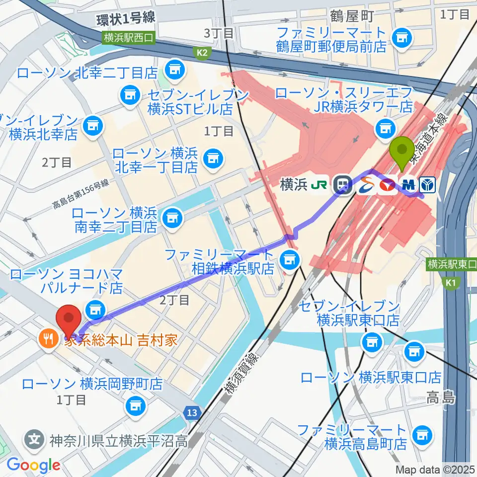 横浜駅からベリーメリーミュージックスクール横浜校へのルートマップ地図