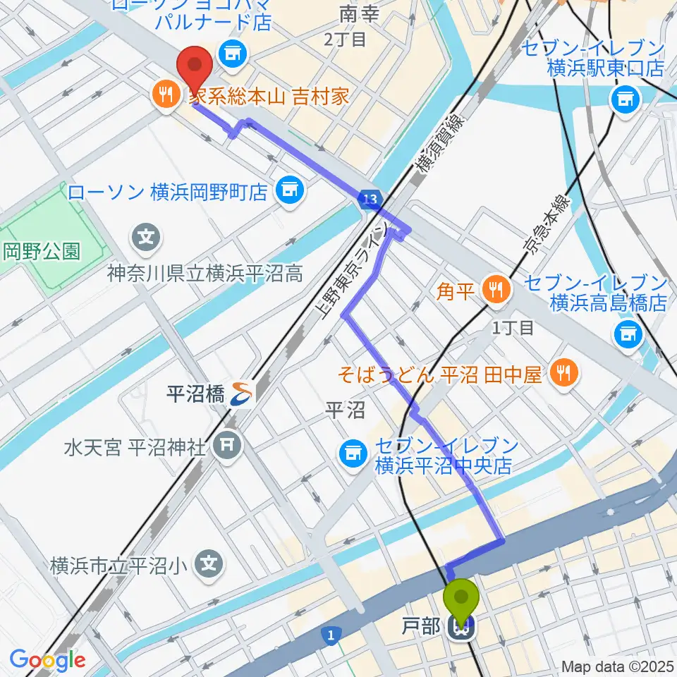 戸部駅からベリーメリーミュージックスクール横浜校へのルートマップ地図