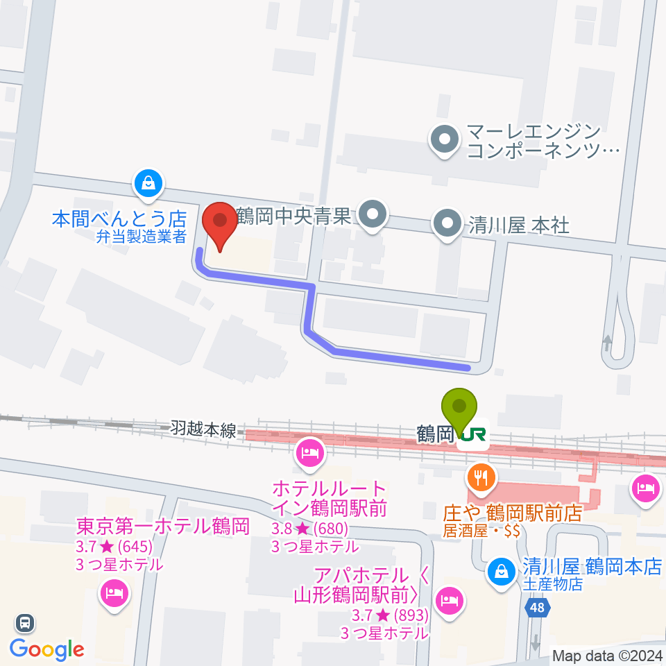 なんだ屋スタヂオの最寄駅鶴岡駅からの徒歩ルート（約3分）地図