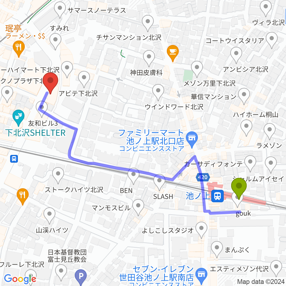 池ノ上駅からディスクユニオン下北沢店へのルートマップ地図