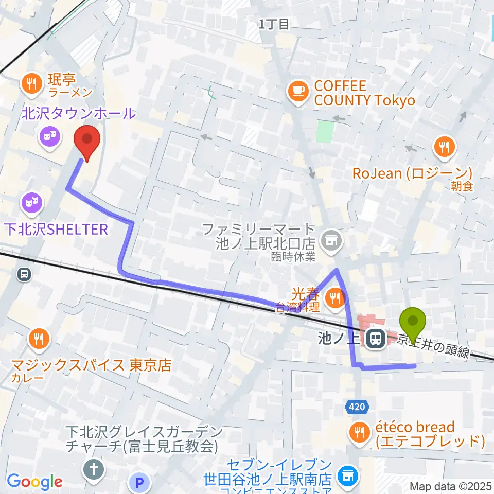 池ノ上駅からディスクユニオン下北沢店へのルートマップ地図