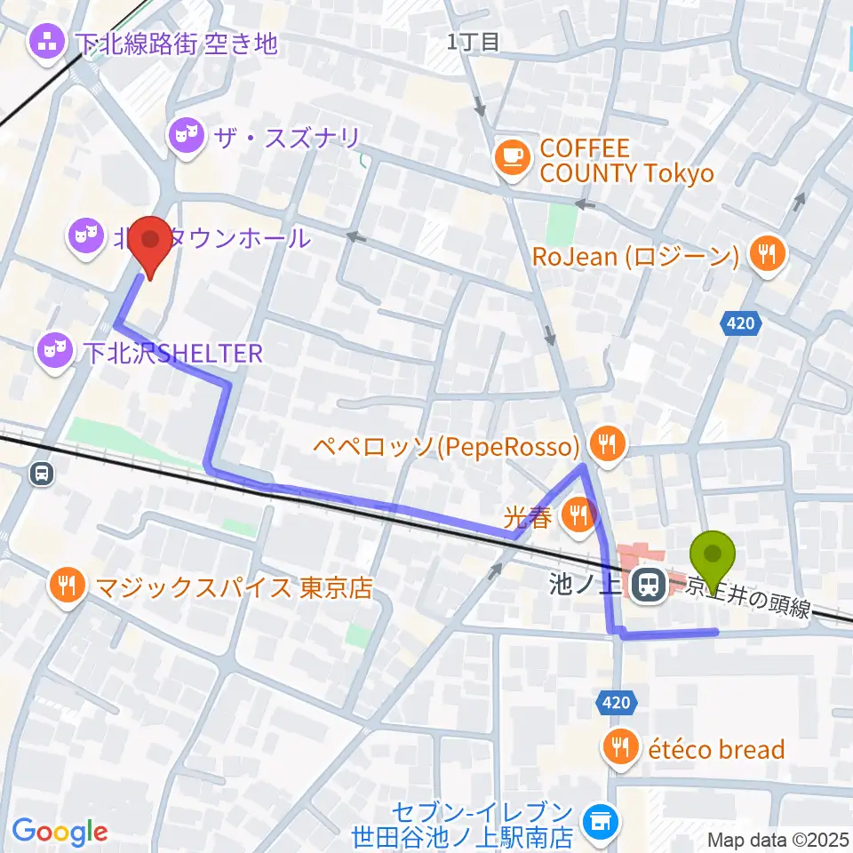 池ノ上駅からディスクユニオン下北沢店へのルートマップ地図