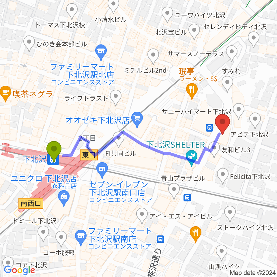 ディスクユニオン下北沢店の最寄駅下北沢駅からの徒歩ルート（約5分）地図