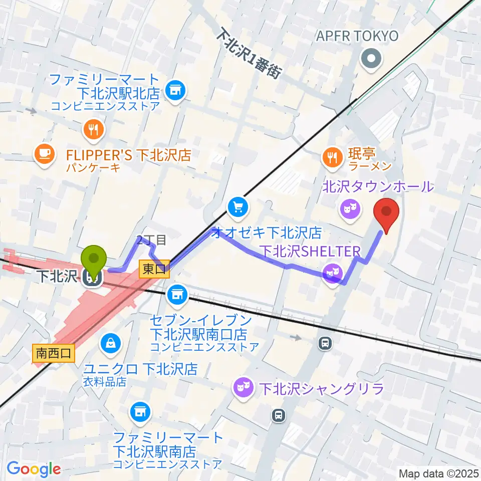 ディスクユニオン下北沢店の最寄駅下北沢駅からの徒歩ルート（約5分）地図