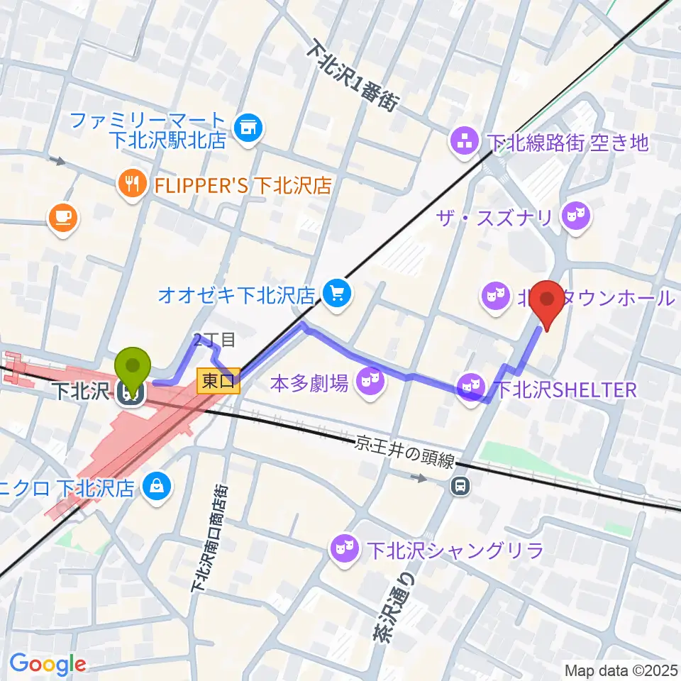 ディスクユニオン下北沢店の最寄駅下北沢駅からの徒歩ルート（約5分）地図