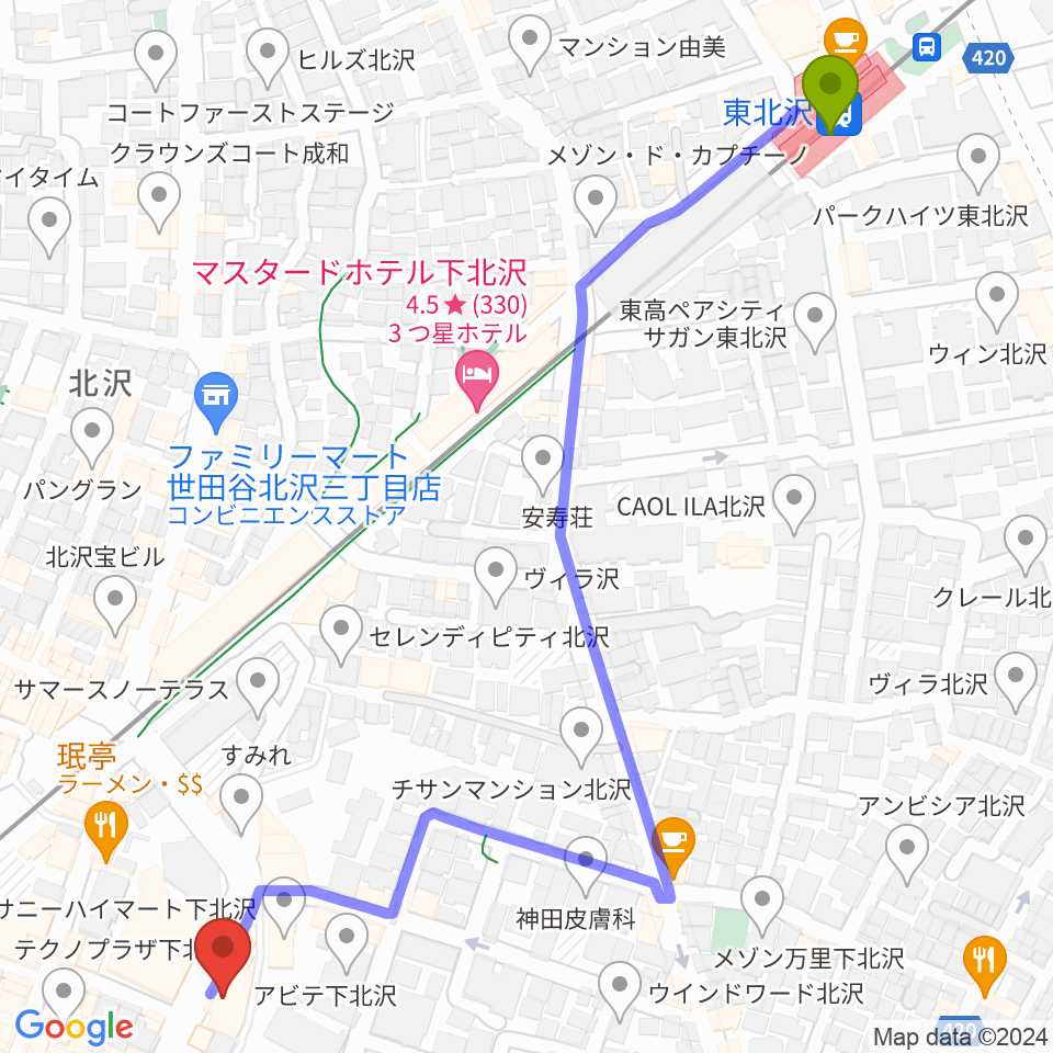 東北沢駅からディスクユニオン下北沢店へのルートマップ地図