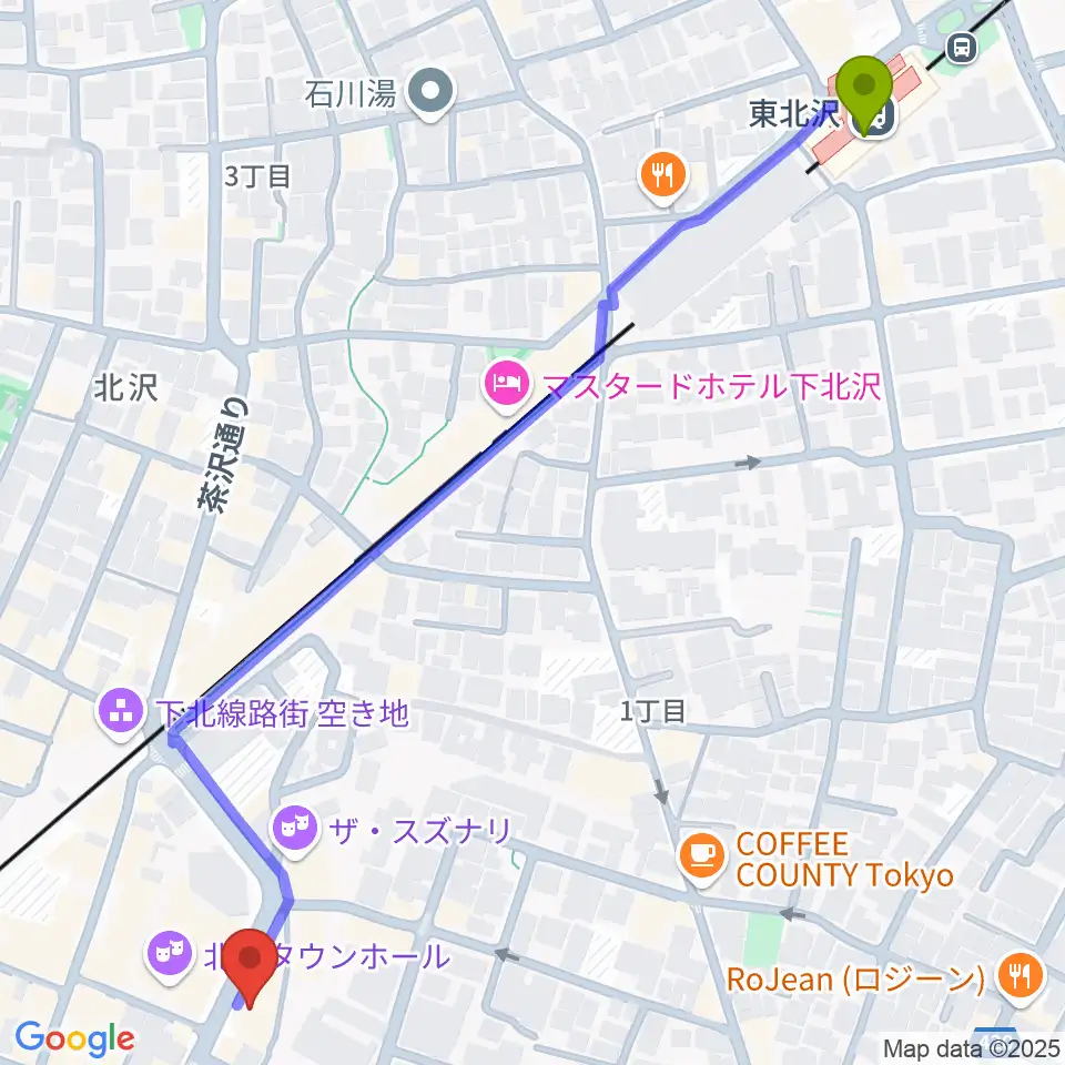 東北沢駅からディスクユニオン下北沢店へのルートマップ地図