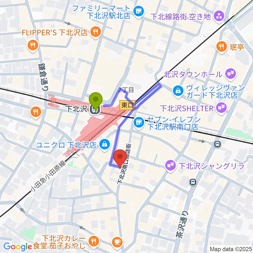 下北沢バラックブロックカフェの最寄駅下北沢駅からの徒歩ルート（約2分）地図