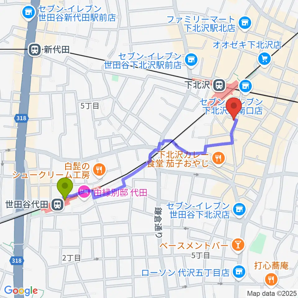 世田谷代田駅から下北沢バラックブロックカフェへのルートマップ地図