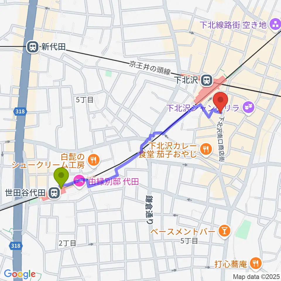 世田谷代田駅から下北沢バラックブロックカフェへのルートマップ地図