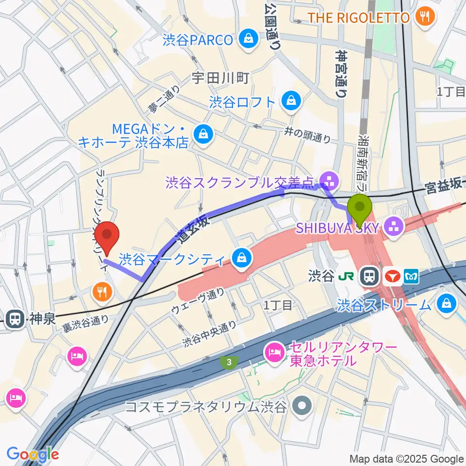 渋谷駅からゲートウェイスタジオ渋谷道玄坂店へのルートマップ地図