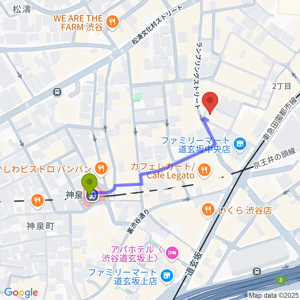 ゲートウェイスタジオ渋谷道玄坂店の最寄駅神泉駅からの徒歩ルート（約4分）地図