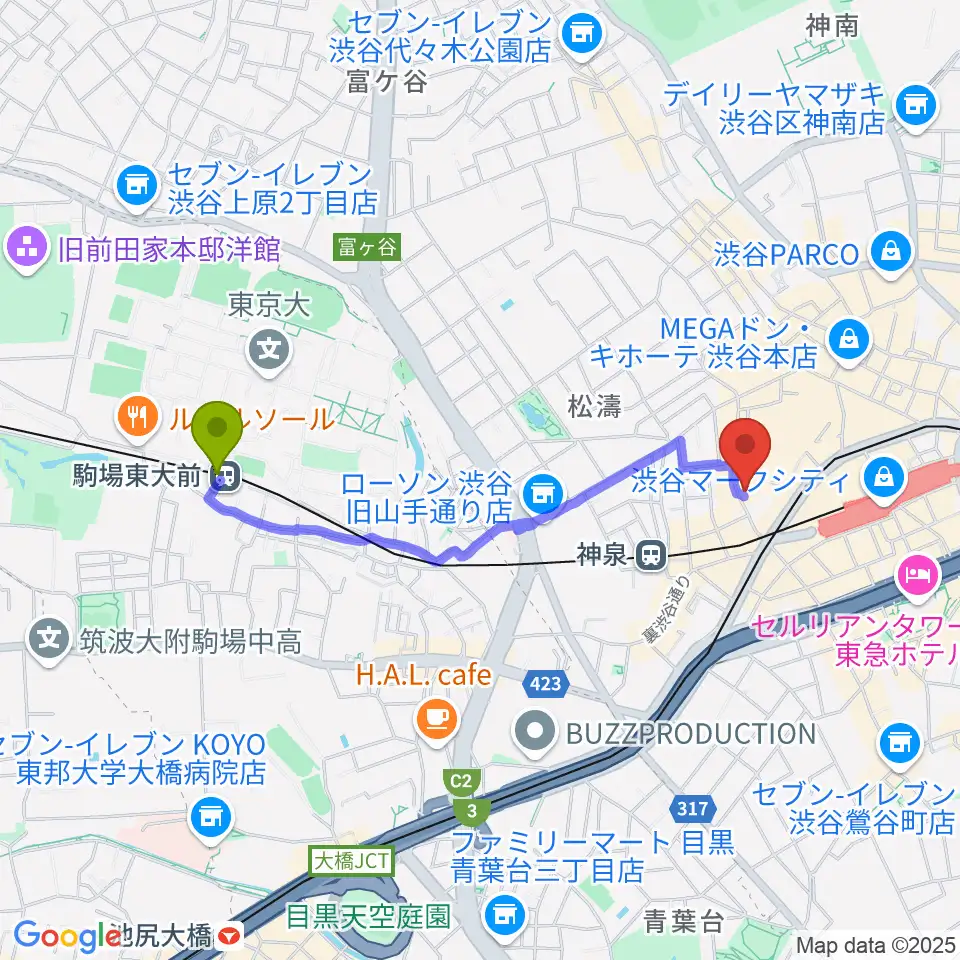 駒場東大前駅からゲートウェイスタジオ渋谷道玄坂店へのルートマップ地図