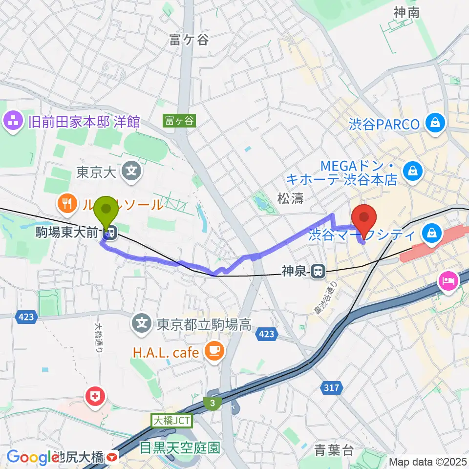 駒場東大前駅からゲートウェイスタジオ渋谷道玄坂店へのルートマップ地図