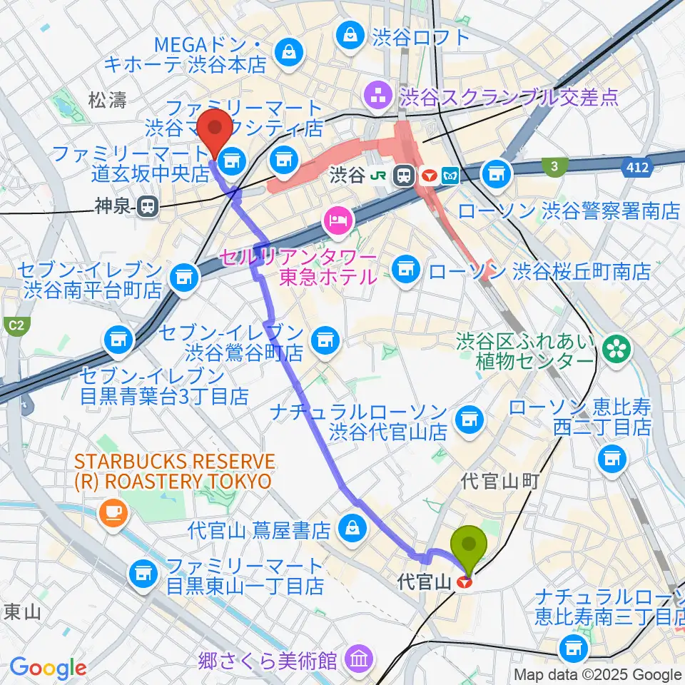 代官山駅からゲートウェイスタジオ渋谷道玄坂店へのルートマップ地図