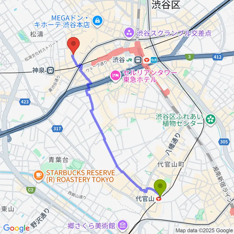 代官山駅からゲートウェイスタジオ渋谷道玄坂店へのルートマップ地図