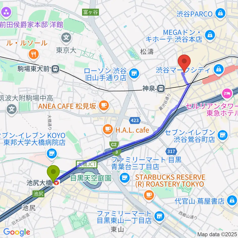 池尻大橋駅からゲートウェイスタジオ渋谷道玄坂店へのルートマップ地図