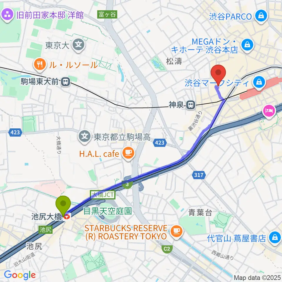 池尻大橋駅からゲートウェイスタジオ渋谷道玄坂店へのルートマップ地図