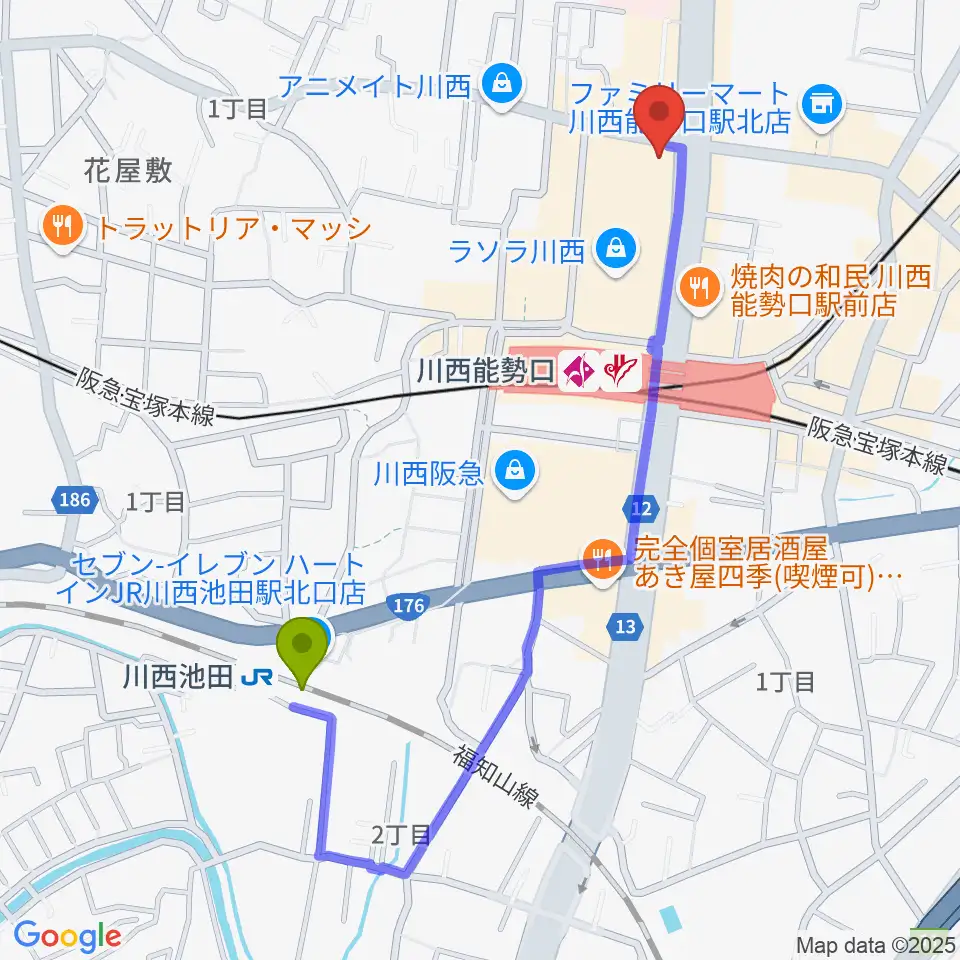 川西池田駅からBEAT ON MUSIC SCHOOLへのルートマップ地図