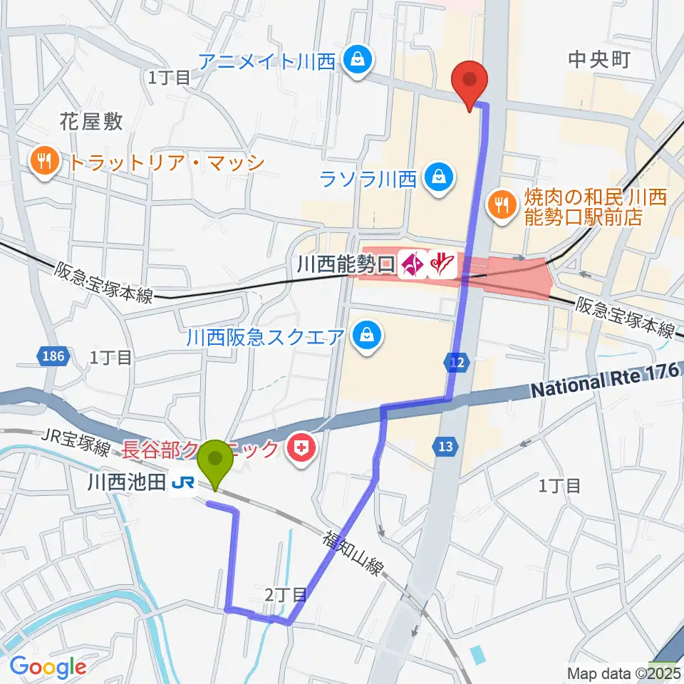 川西池田駅からBEAT ON MUSIC SCHOOLへのルートマップ地図