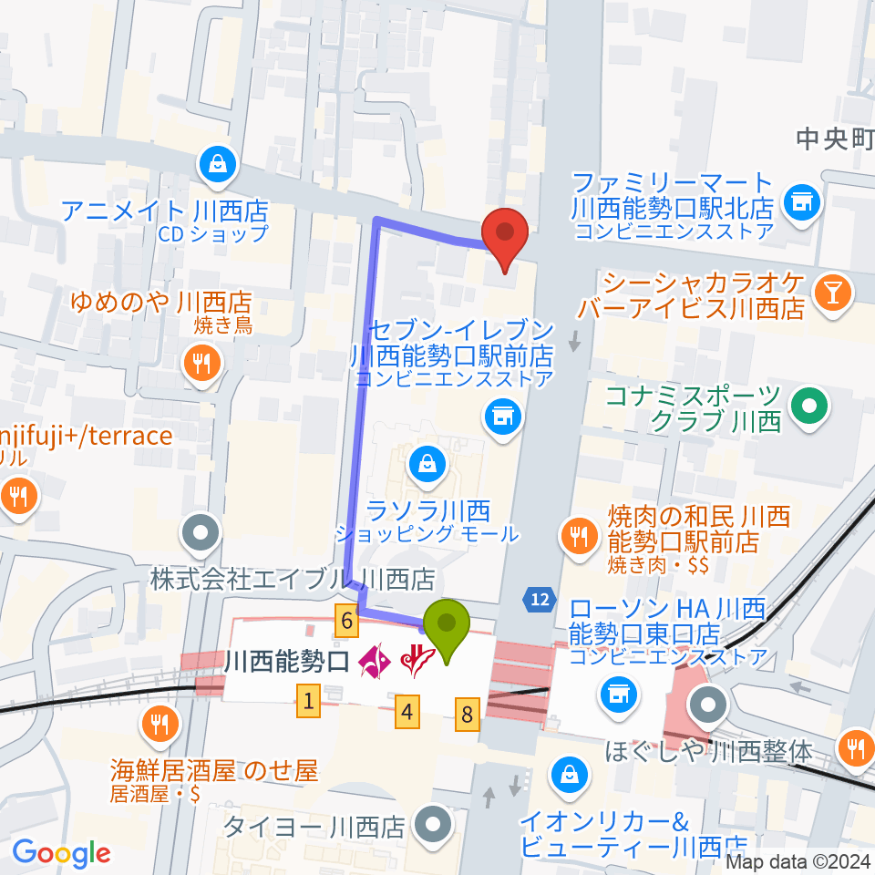 BEAT ON MUSIC SCHOOLの最寄駅川西能勢口駅からの徒歩ルート（約4分）地図