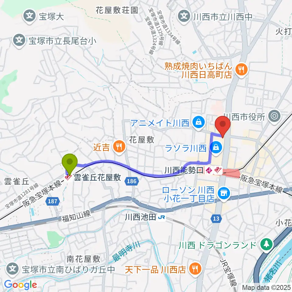 雲雀丘花屋敷駅からBEAT ON MUSIC SCHOOLへのルートマップ地図