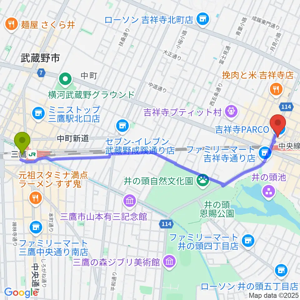 三鷹駅からディスクユニオン吉祥寺店へのルートマップ地図