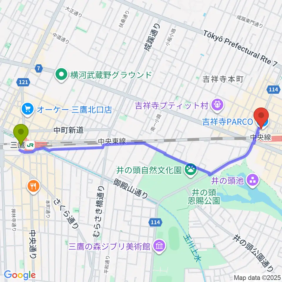 三鷹駅からディスクユニオン吉祥寺店へのルートマップ地図