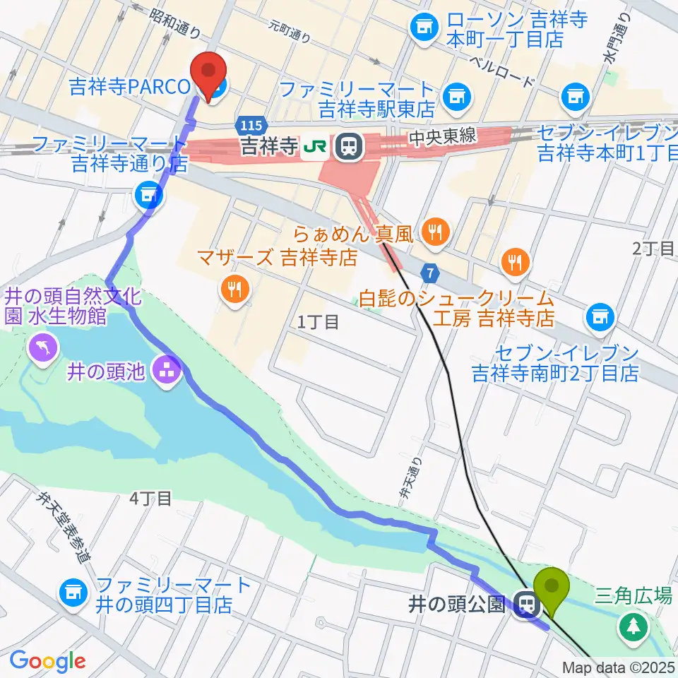 井の頭公園駅からディスクユニオン吉祥寺店へのルートマップ地図