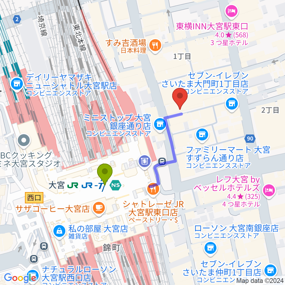 大宮ラクーンよしもと劇場の最寄駅大宮駅からの徒歩ルート（約3分）地図