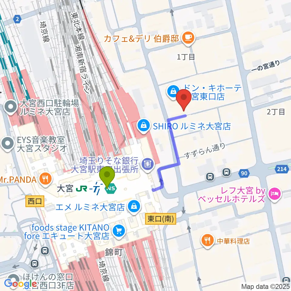 大宮ラクーンよしもと劇場の最寄駅大宮駅からの徒歩ルート（約3分）地図