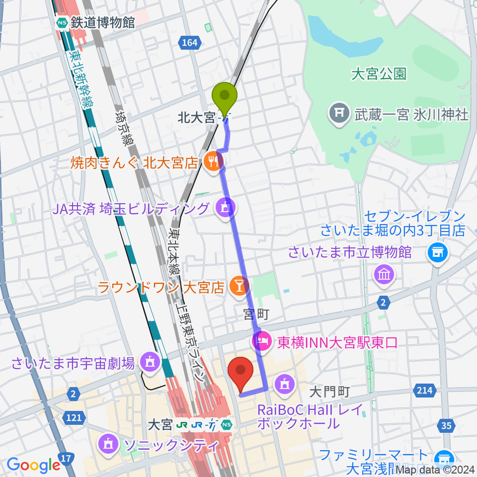 北大宮駅から大宮ラクーンよしもと劇場へのルートマップ地図