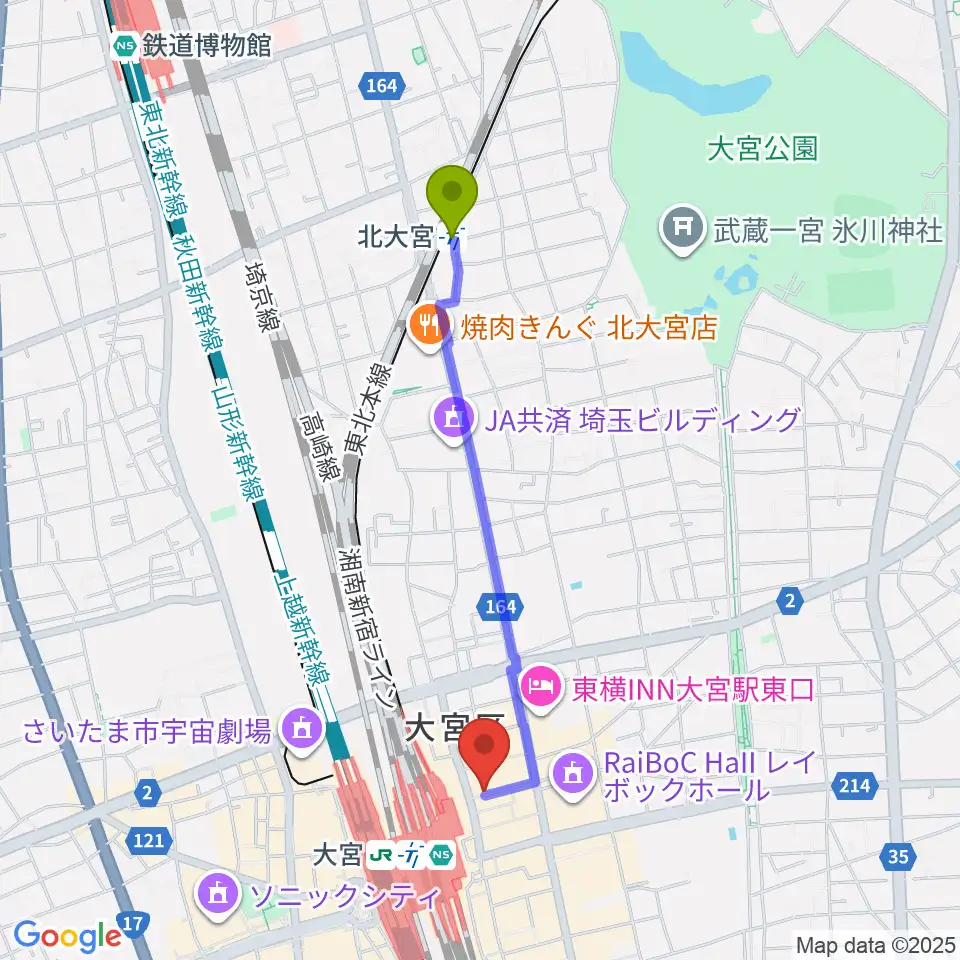 北大宮駅から大宮ラクーンよしもと劇場へのルートマップ地図