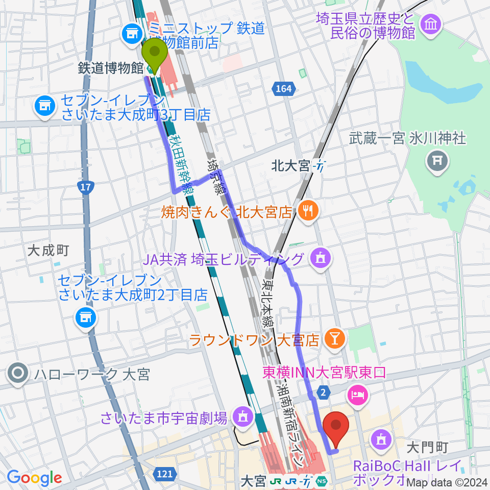 鉄道博物館駅から大宮ラクーンよしもと劇場へのルートマップ地図