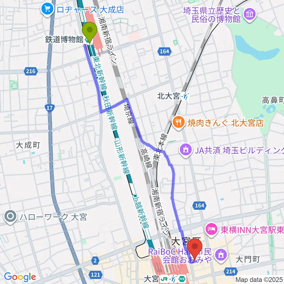 鉄道博物館駅から大宮ラクーンよしもと劇場へのルートマップ地図
