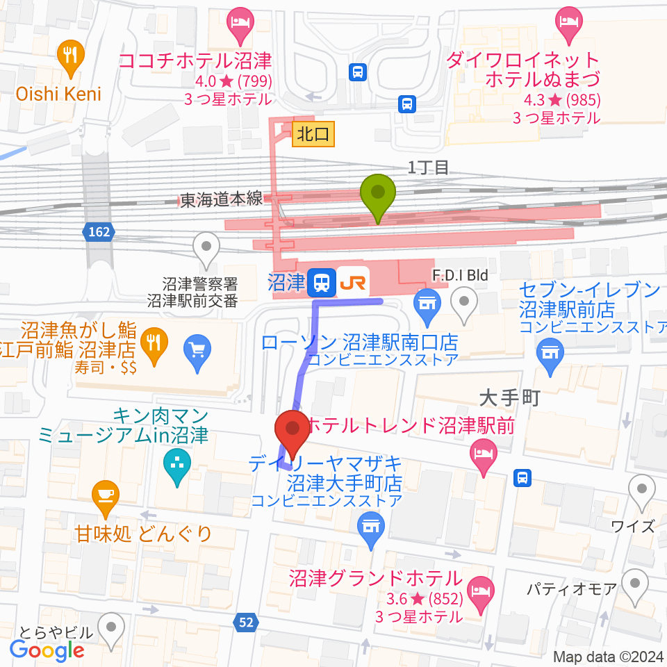 沼津ラクーンよしもと劇場の最寄駅沼津駅からの徒歩ルート（約3分）地図