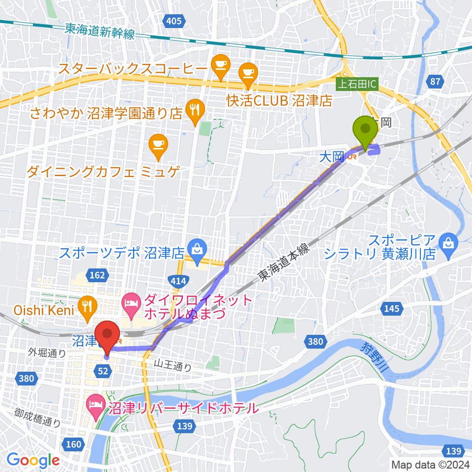 大岡駅から沼津ラクーンよしもと劇場へのルートマップ地図