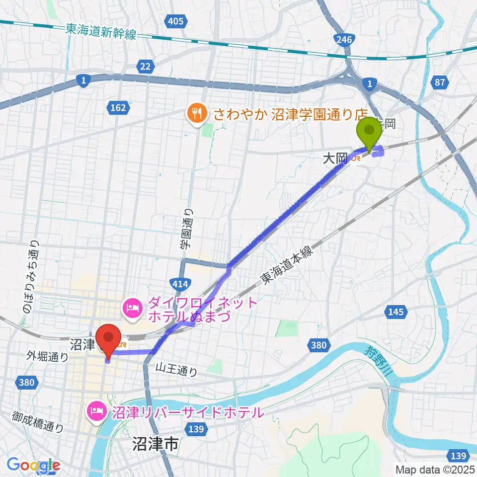 大岡駅から沼津ラクーンよしもと劇場へのルートマップ地図